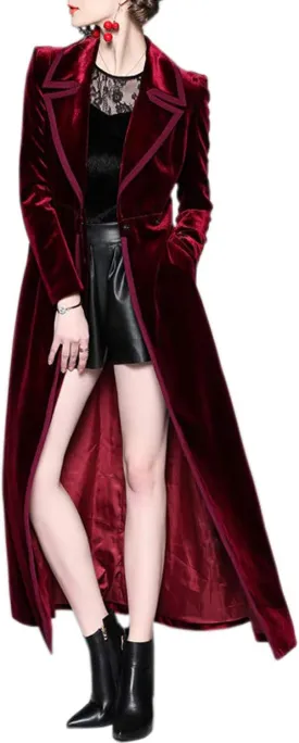 Women's Slim Notch Lapel Long Vintage Velvet Trench Coat Dress Hepburn Style