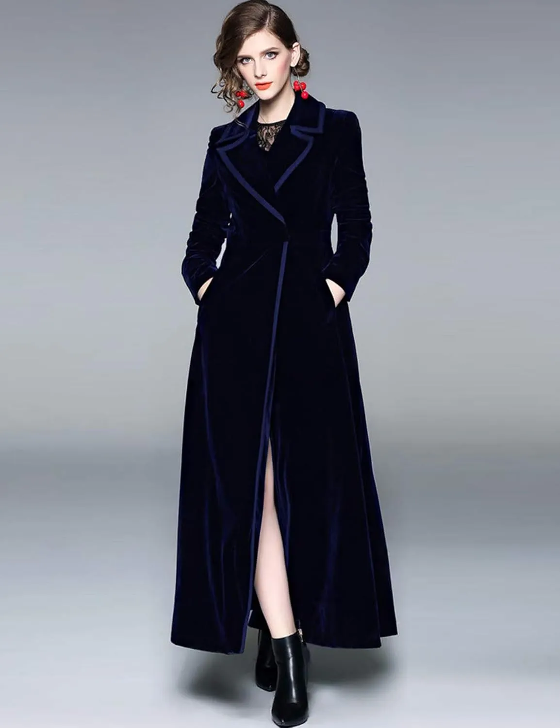 Women's Slim Notch Lapel Long Vintage Velvet Trench Coat Dress Hepburn Style