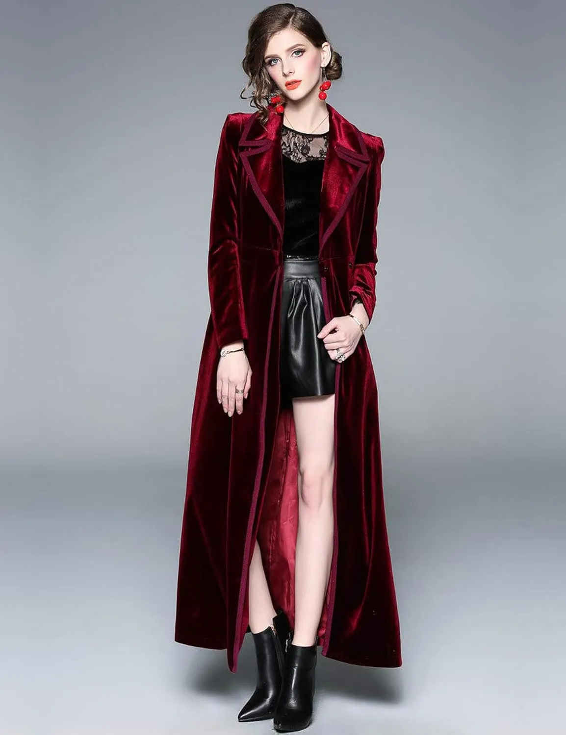 Women's Slim Notch Lapel Long Vintage Velvet Trench Coat Dress Hepburn Style