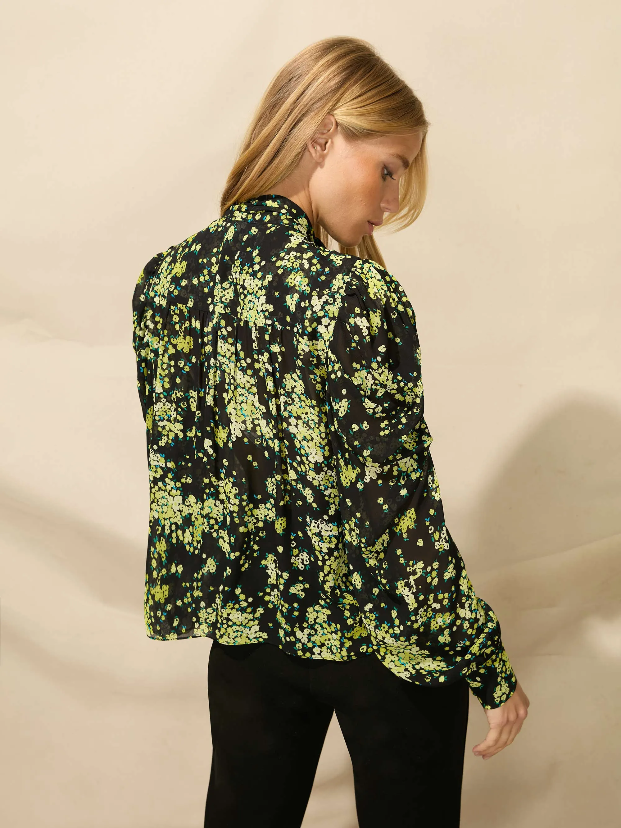 Yellow Floral Tie Neck Blouse