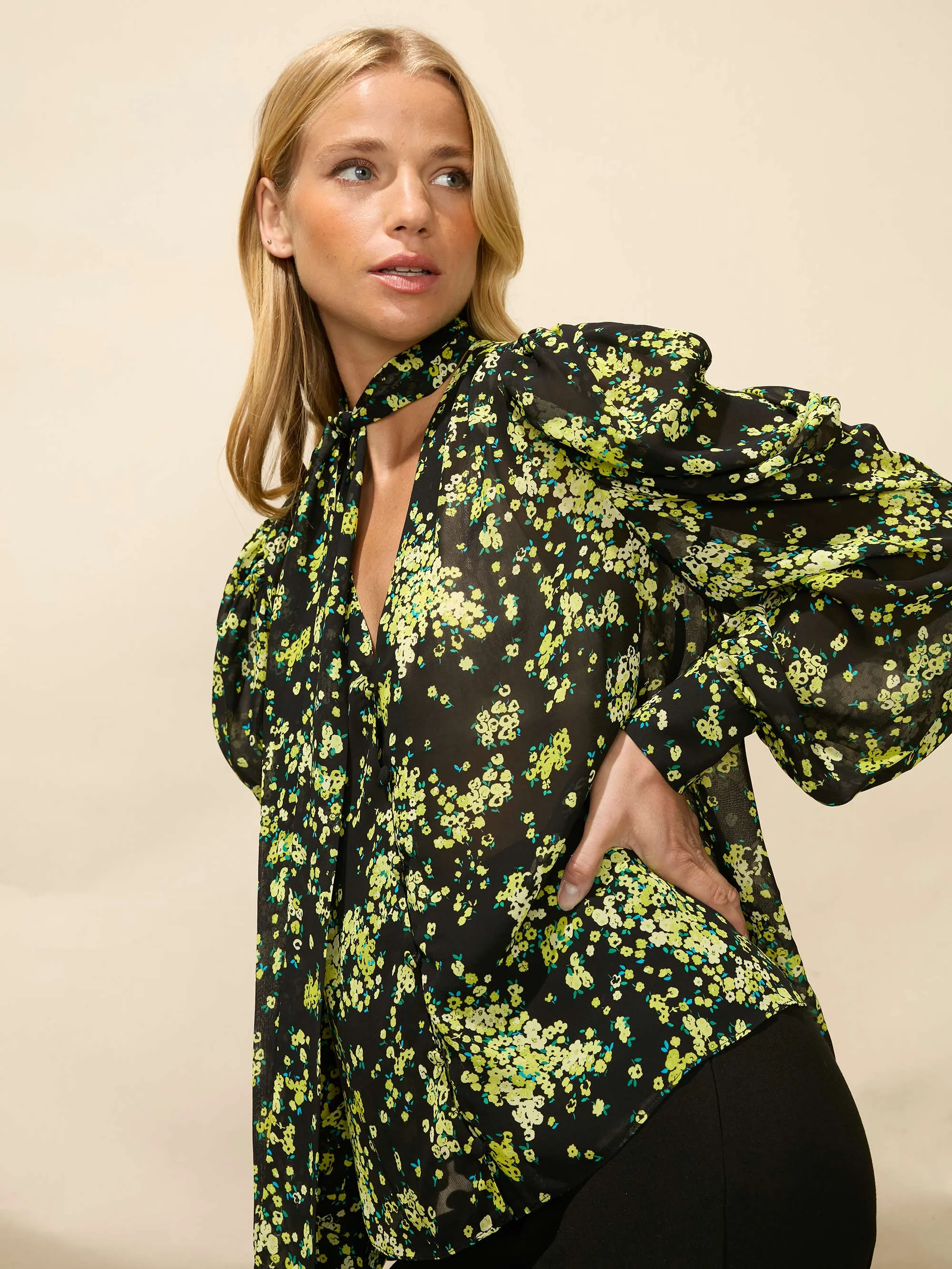 Yellow Floral Tie Neck Blouse