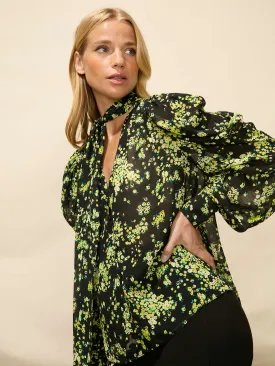 Yellow Floral Tie Neck Blouse