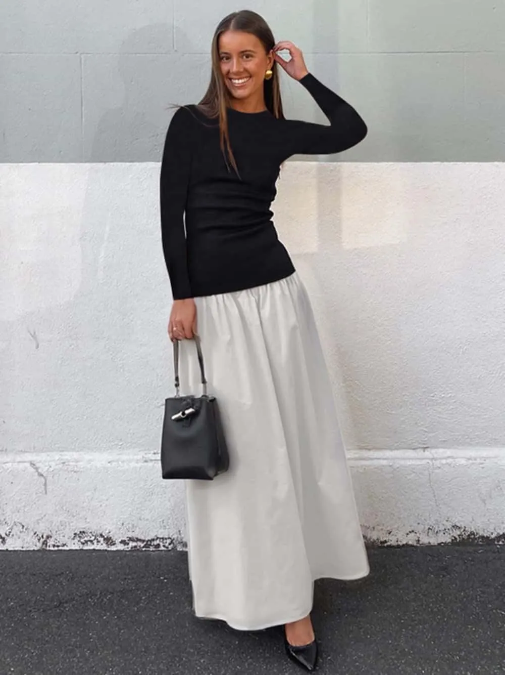 YOXUA Women's Long Sleeve Patchwork A-Line Long Maxi Dress Fall Winter Beach Maxi Dress
