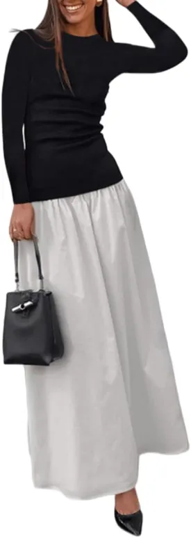YOXUA Women's Long Sleeve Patchwork A-Line Long Maxi Dress Fall Winter Beach Maxi Dress